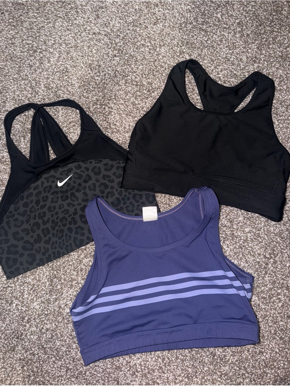 Nike Black Leopard Print & Solid Black Sports Bras with Purple Stripe Bra